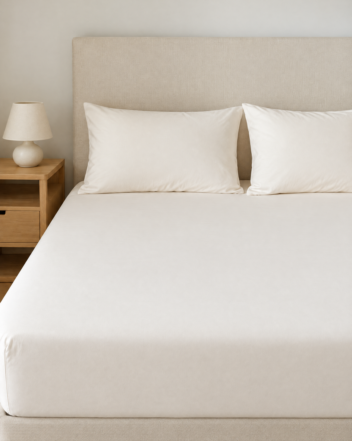 Off White plain cotton fitted sheet on a mattress, corner visible