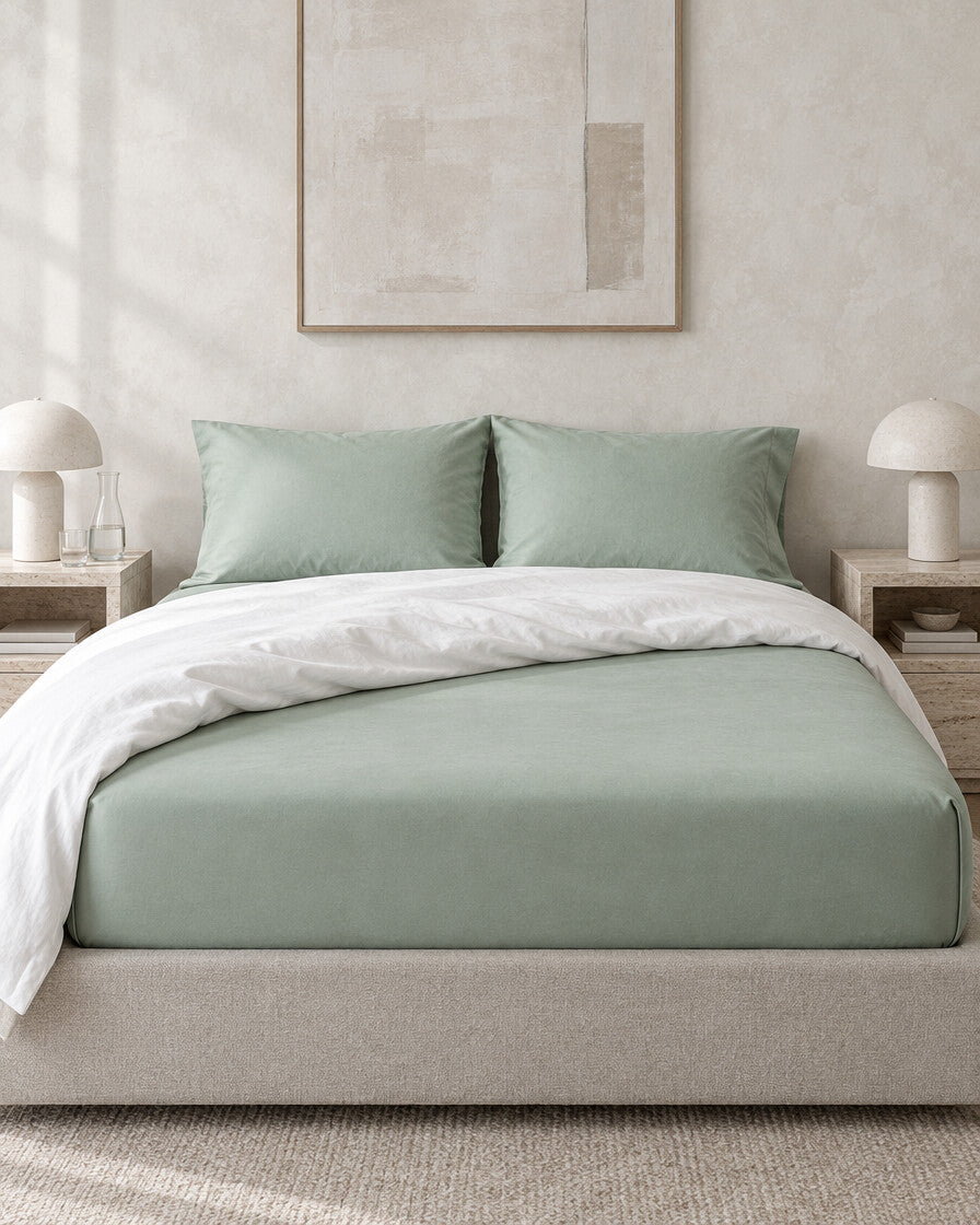 Sage green plain cotton fitted sheet against a limewashed plaster wall between travertine bedside tables