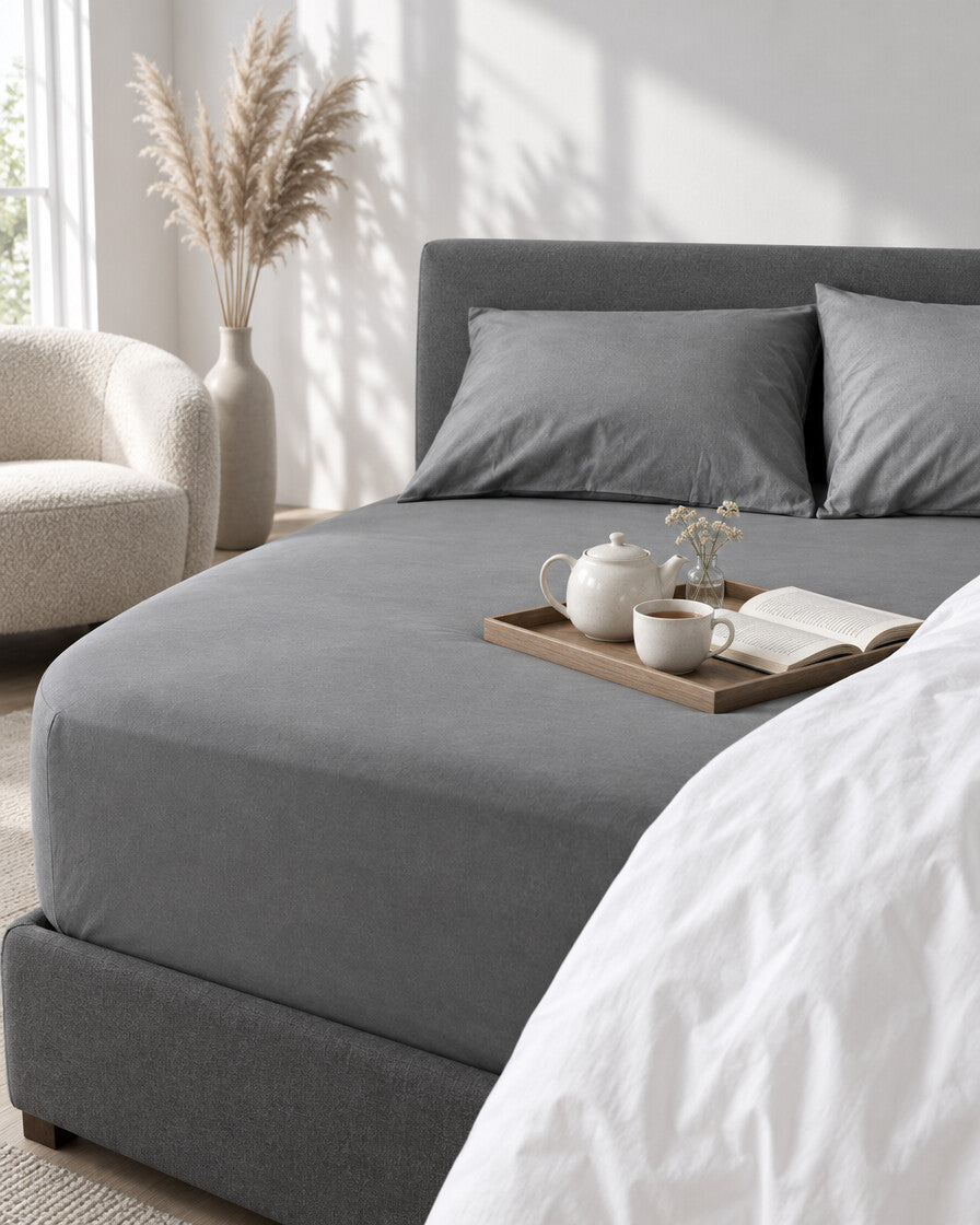 Grey plain cotton fitted sheet with a tea tray and open book, a boucle armchair in the corner