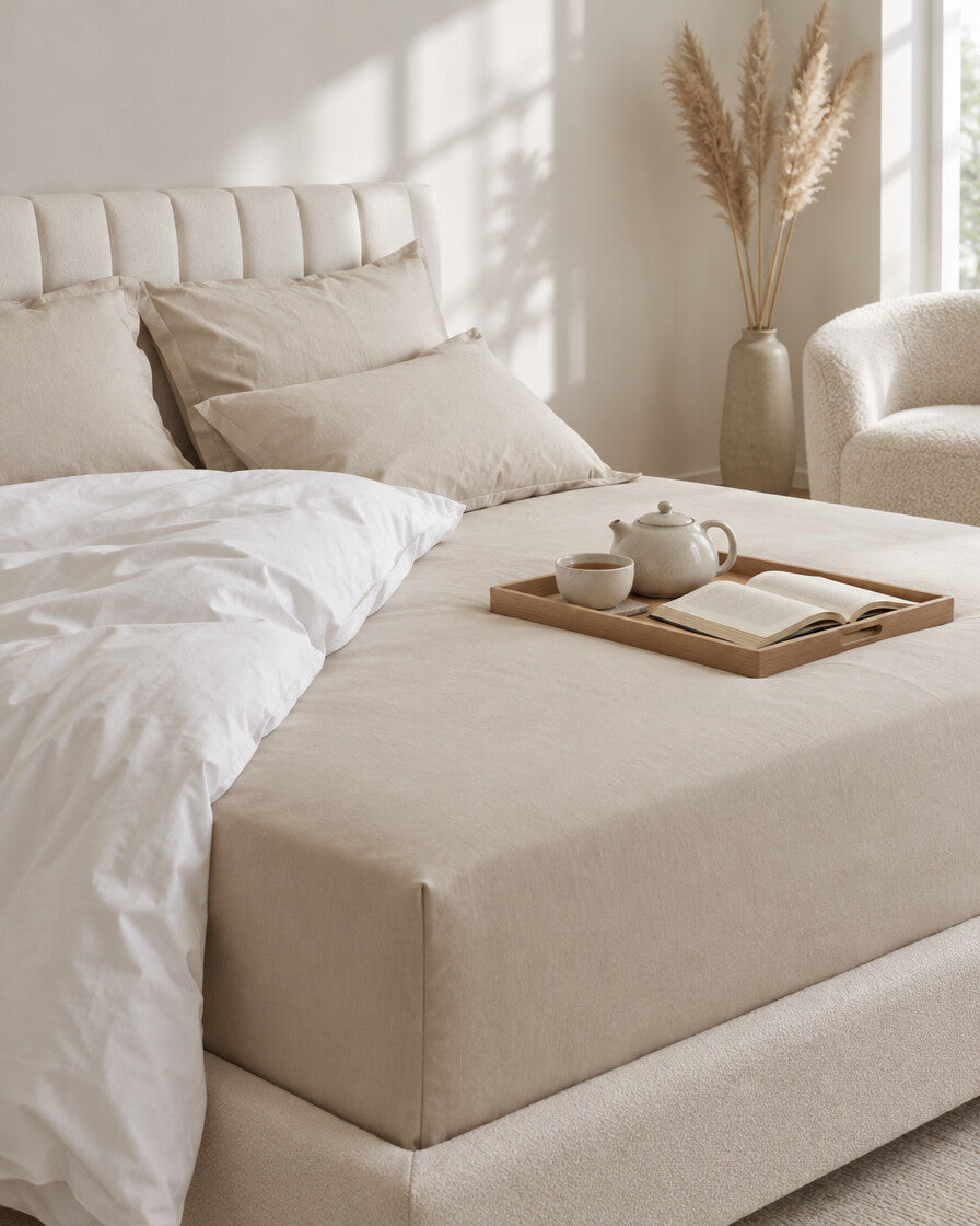 Cream plain cotton fitted sheet with a tea tray and open book, a boucle armchair in the corner