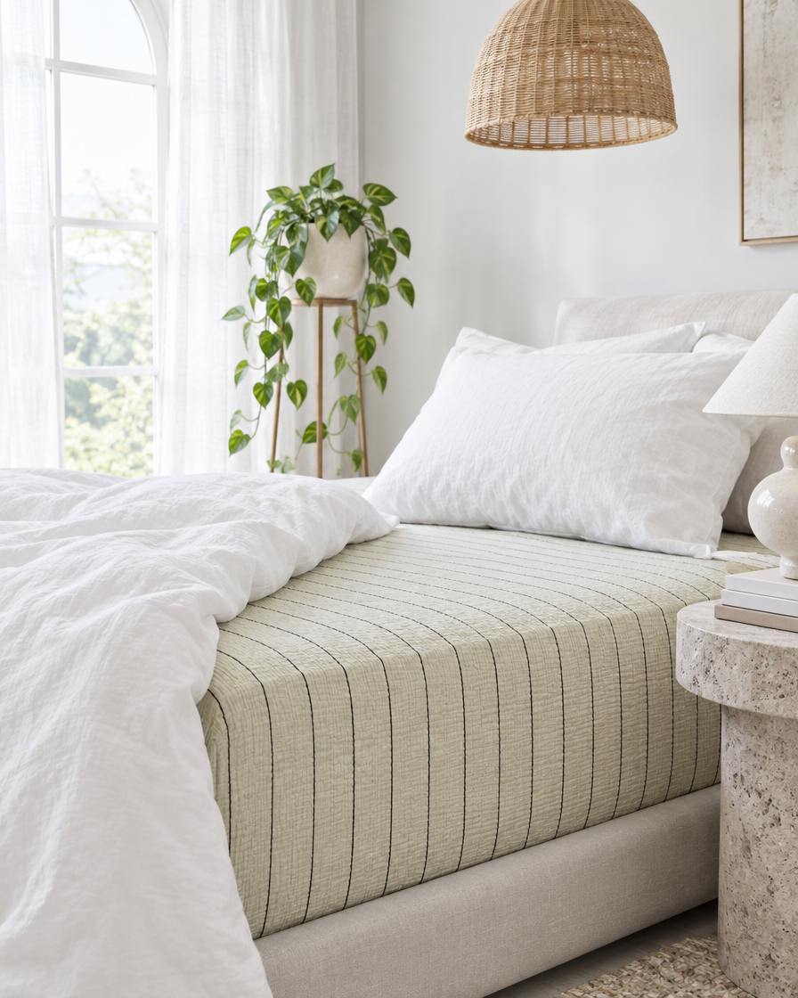 Black Pinstripe cloud cotton fitted sheet on a bed under an arched window, a white duvet thrown back and a pothos on a stand.