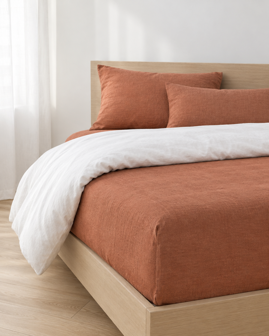Copper Fitted Sheet - Cloud Cotton made up on a bed in a calm, light bedroom