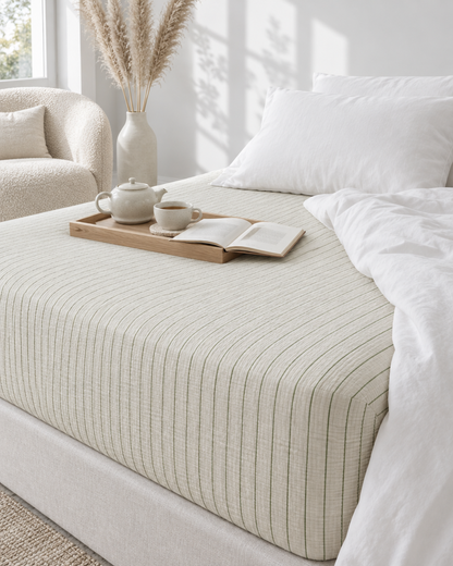 Green Pinstripe cloud cotton fitted sheet on a deep mattress with a tea tray and book, a white duvet folded back and pampas.