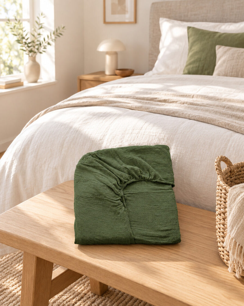 Folded Juniper Green cloud cotton fitted sheet, styled in a calm sunlit Scandinavian bedroom