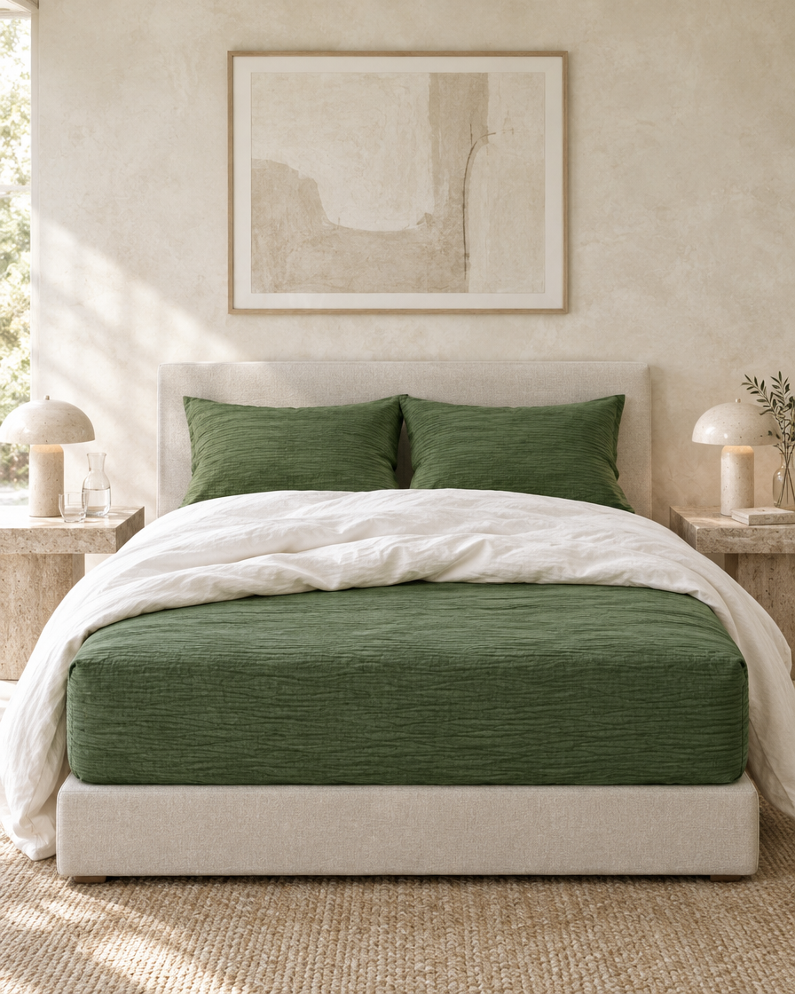 Juniper Green Cloud Cotton fitted sheet on a deep mattress, white duvet folded back, in a limewashed bedroom