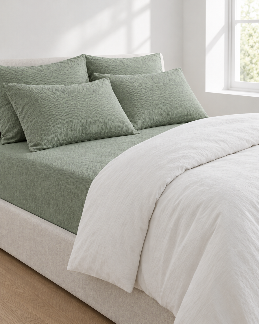 Mint Green Fitted Sheet - Cloud Cotton made up on a bed in a calm, light bedroom
