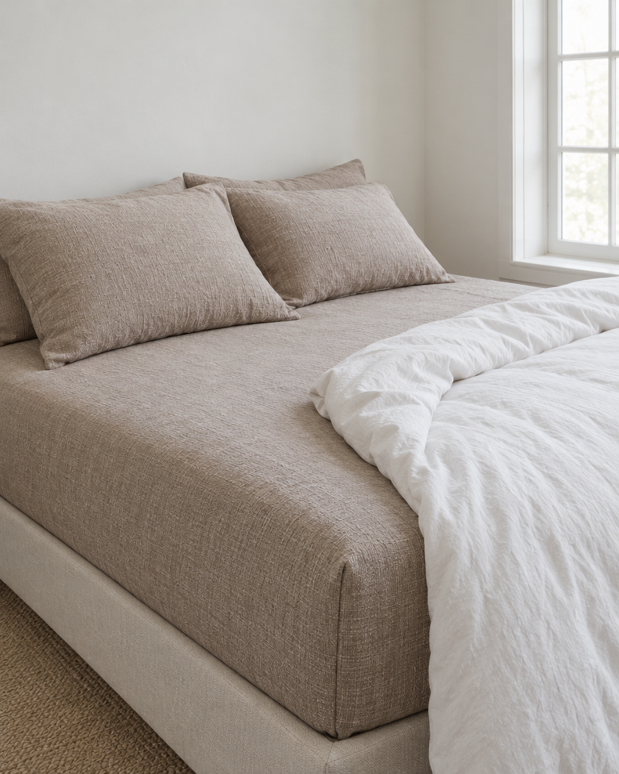 Oat Milk Fitted Sheet - Cloud Cotton made up on a bed in a calm, light bedroom