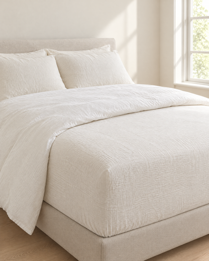 Off White Cloud Cotton fitted sheet in crinkled double gauze on a mattress, corner in view