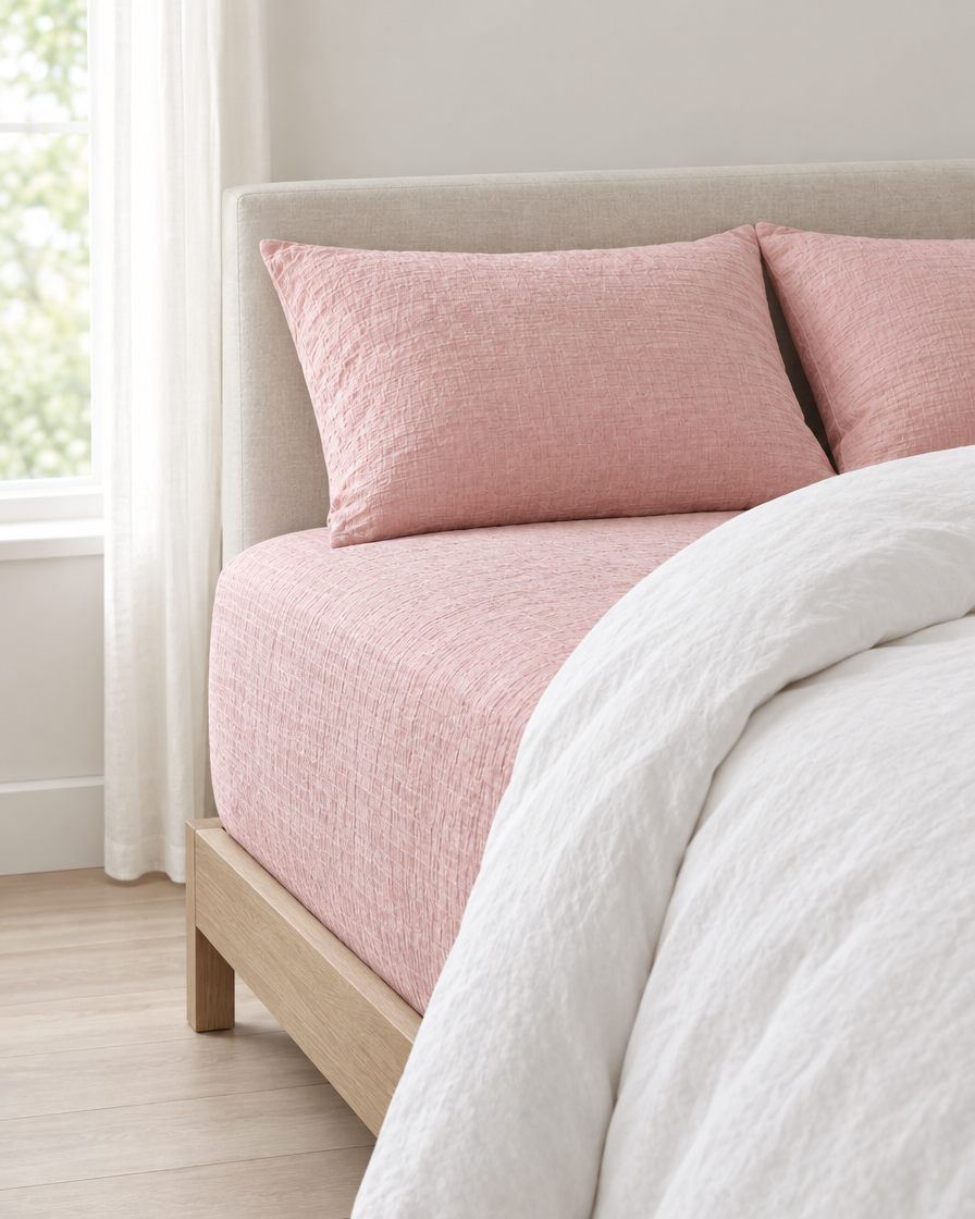 Pale Pink Fitted Sheet - Cloud Cotton made up on a bed in a calm, light bedroom