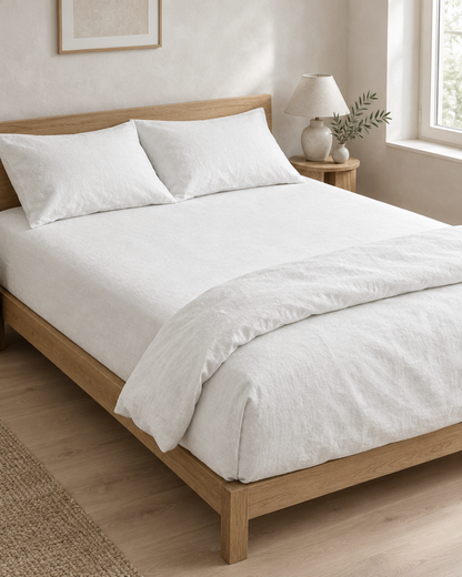 White French linen fitted sheet on a deep mattress with a white duvet folded back at the foot