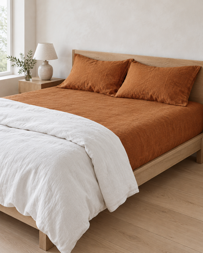 Terracotta French linen fitted sheet and pillowcases under a folded-back white duvet