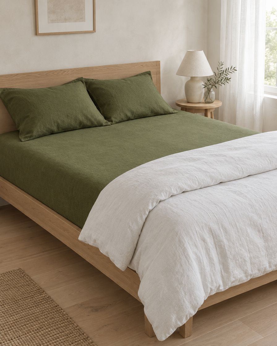 Moss green French linen fitted sheet on a double bed with a white duvet rolled back