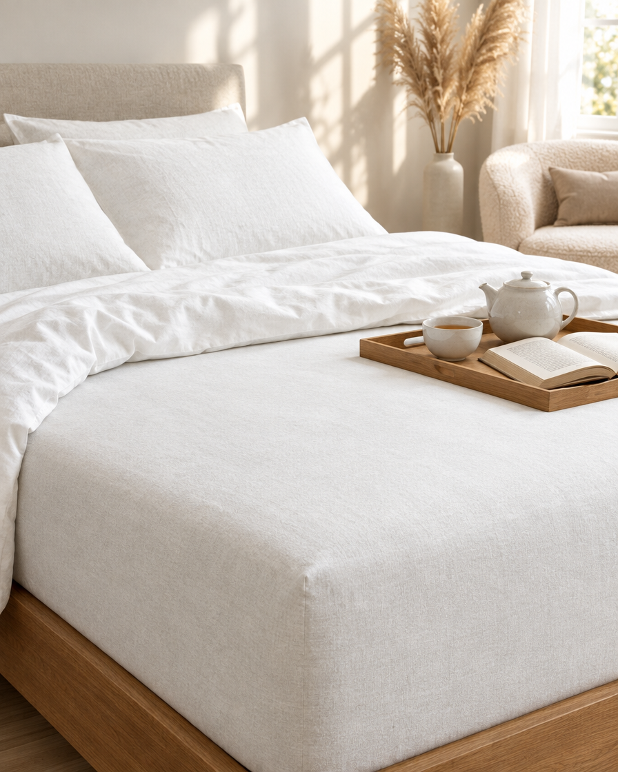 Snow French linen fitted sheet on a mattress with a tea tray on the bed and a bouclé armchair beyond