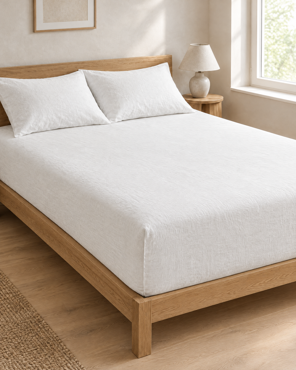 Snow linen fitted sheet on a made bed in a bright bedroom