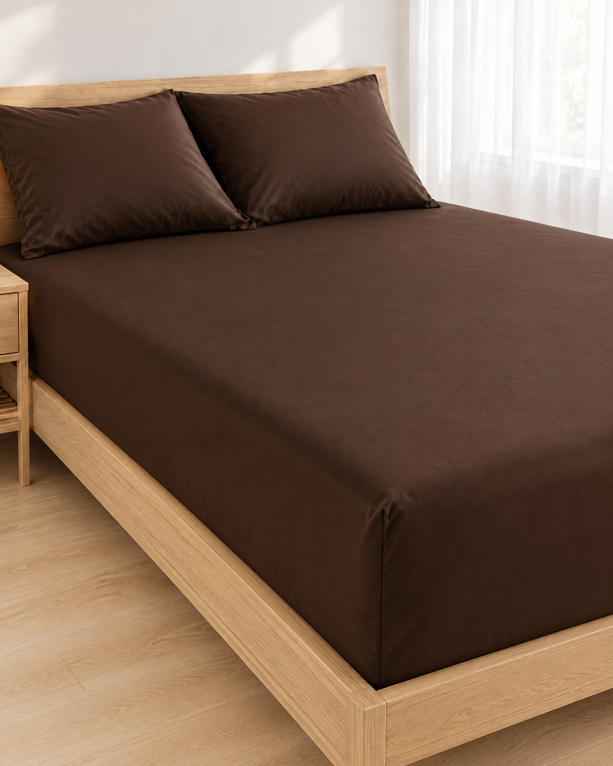 Chocolate silky cotton sateen fitted sheet on a made bed in a bright bedroom