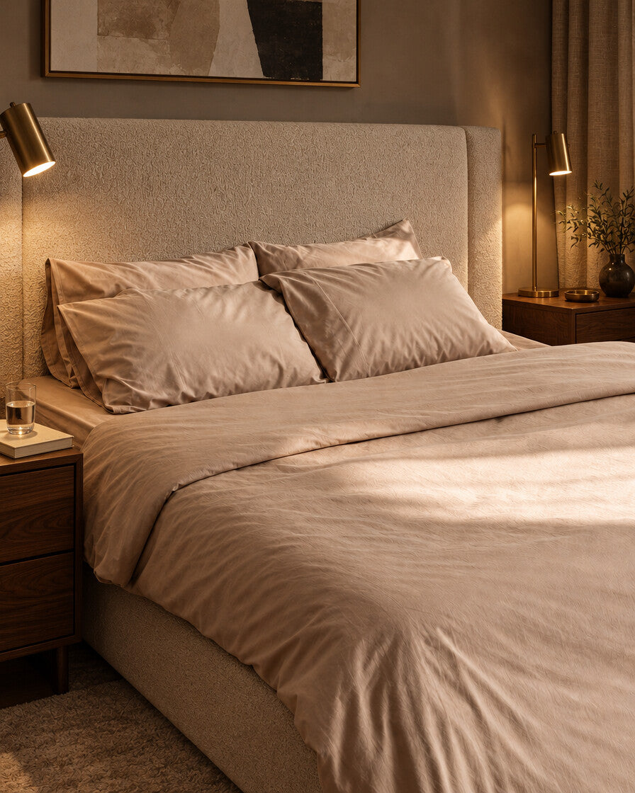 Taupe silky cotton fitted sheet and pillows, styled in a boutique-hotel suite