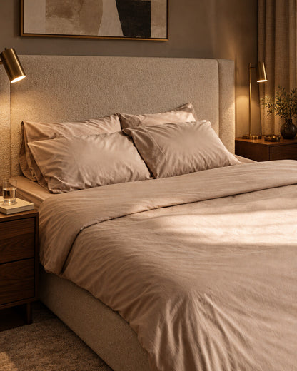 Taupe silky cotton fitted sheet and pillows, styled in a boutique-hotel suite