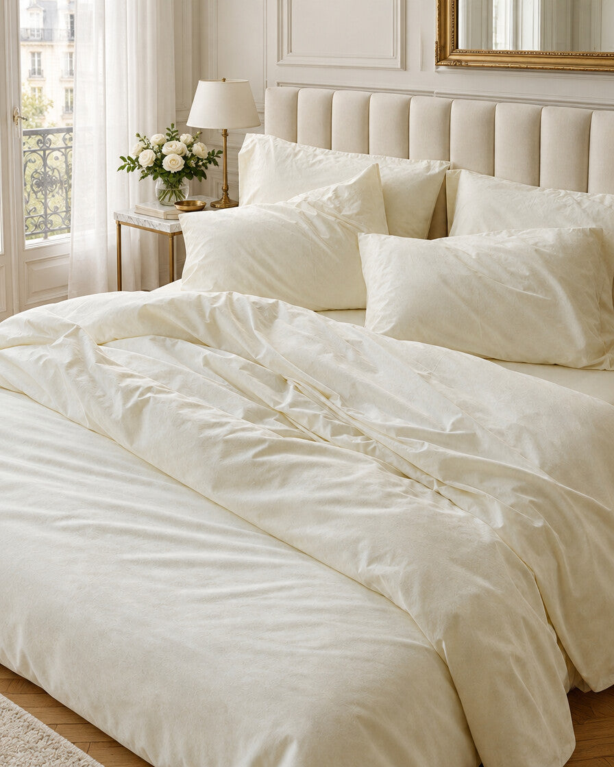 Cream silky cotton fitted sheet and pillows, styled in an elegant Parisian apartment bedroom