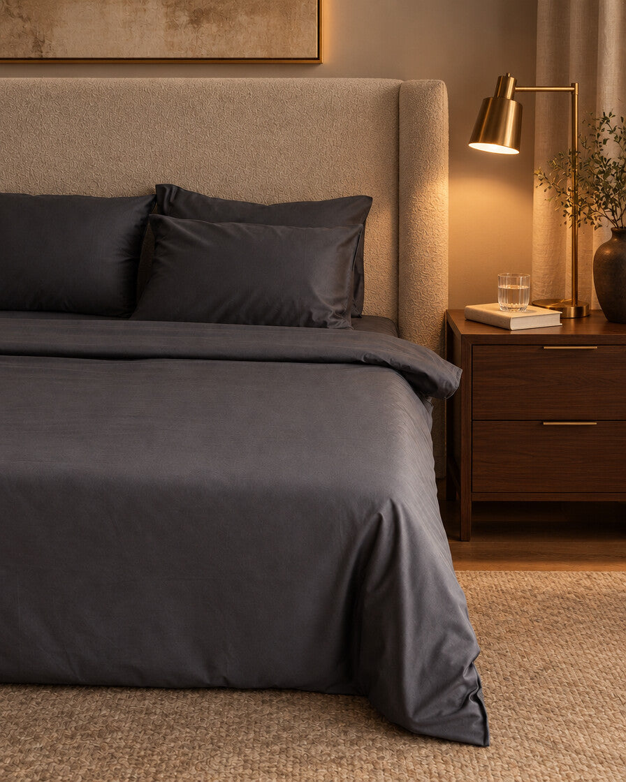 Charcoal grey silky cotton fitted sheet, styled in a boutique-hotel suite