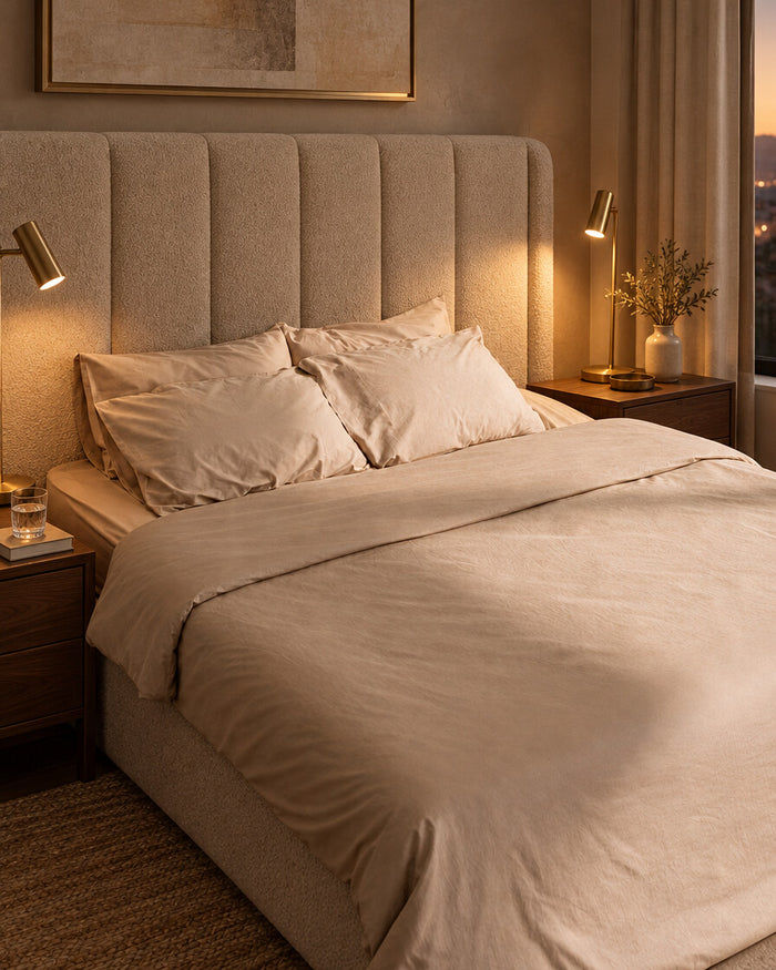 Beige Silky Cotton sateen fitted sheet and pillows