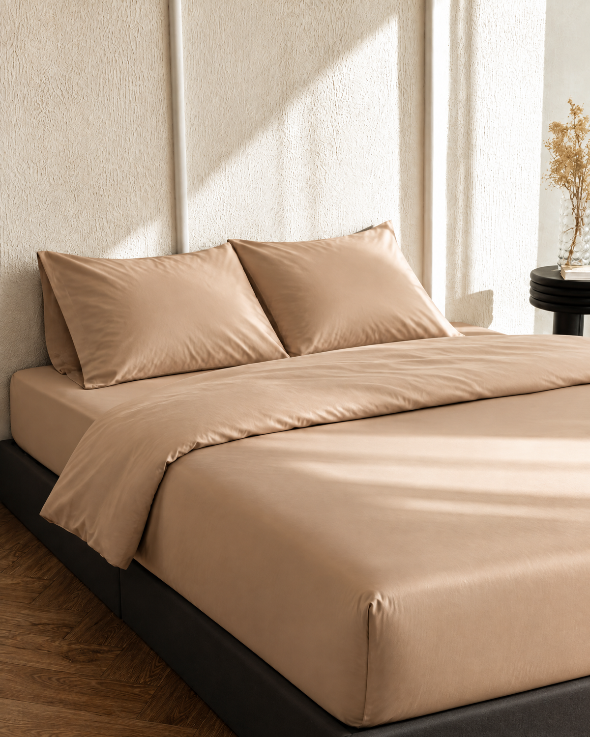 Light Beige silky cotton fitted sheet on a mattress, corner visible