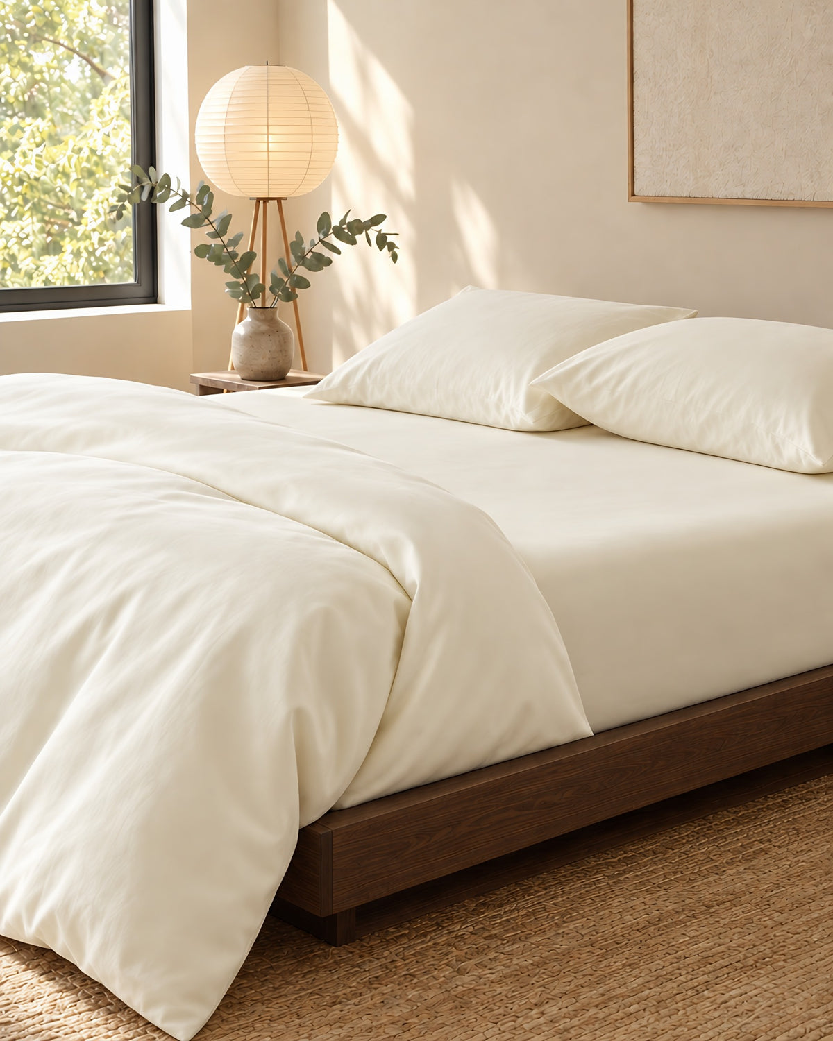 Vanilla Silky Cotton sateen fitted sheet with matching duvet and pillowcases