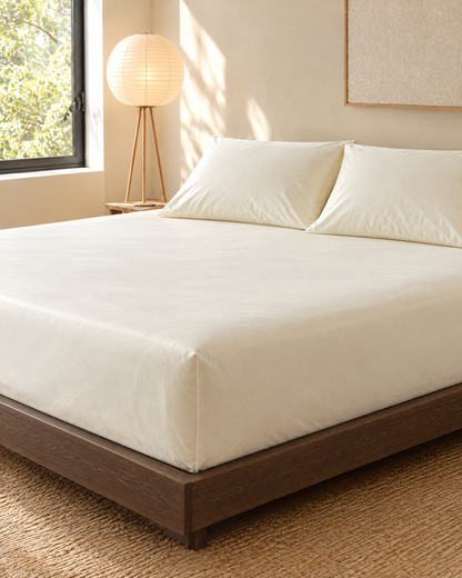 Vanilla silky cotton sateen fitted sheet on a made bed in a bright bedroom