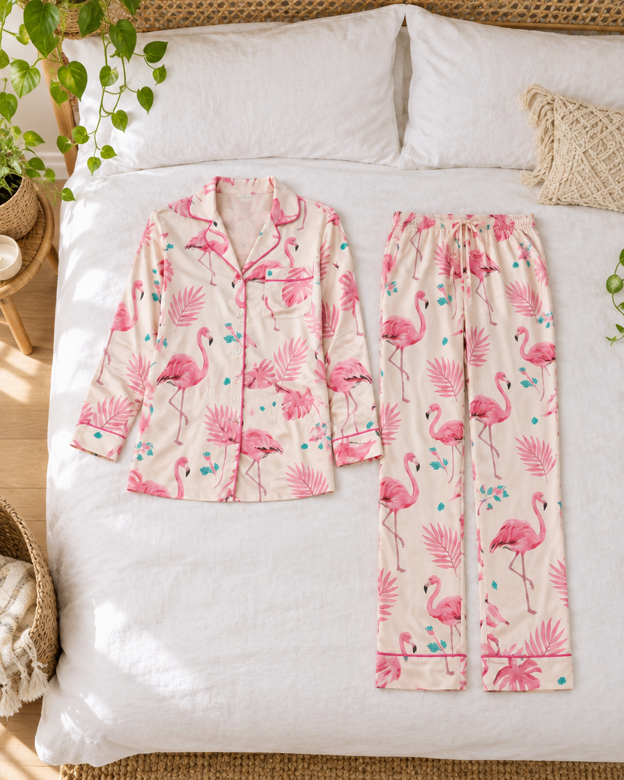 Flamingo Season Modal Cloud long pyjama set laid flat on white linen in a boho bedroom with a rattan headboard.