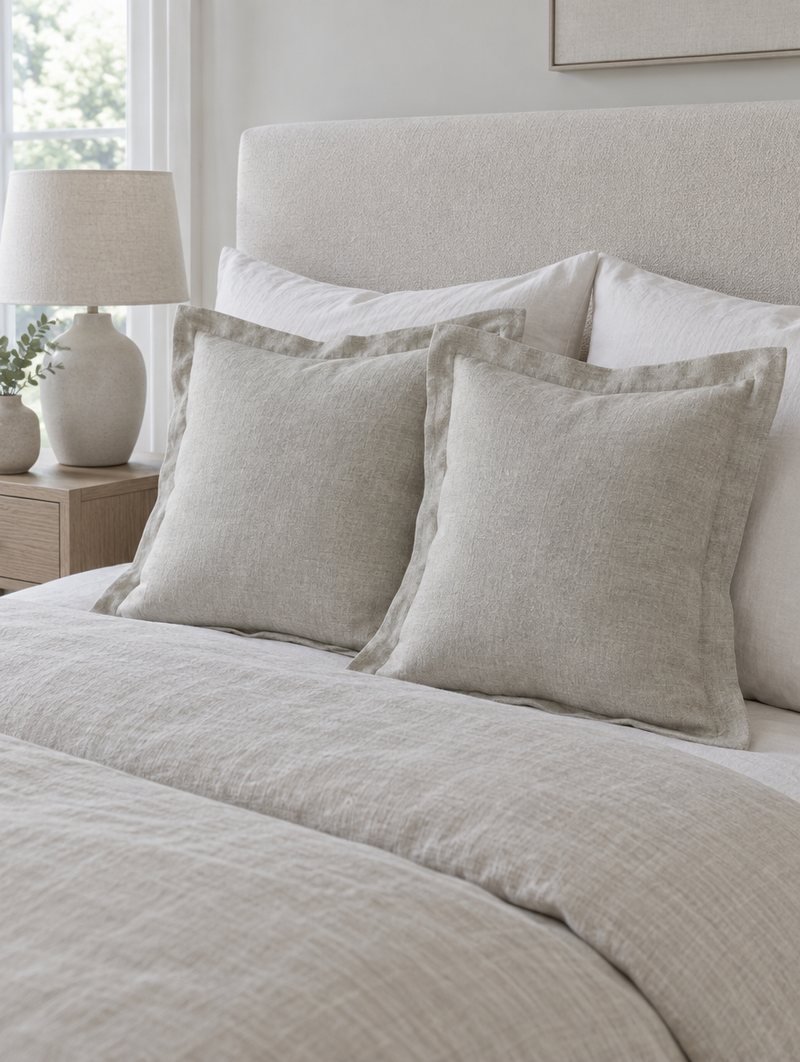 Flanged linen cushions on an oatmeal linen duvet in front of a cream upholstered headboard