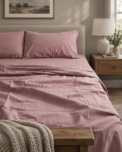 Dusty rose plain cotton flat sheet and pillows, styled in a cosy contemporary bedroom