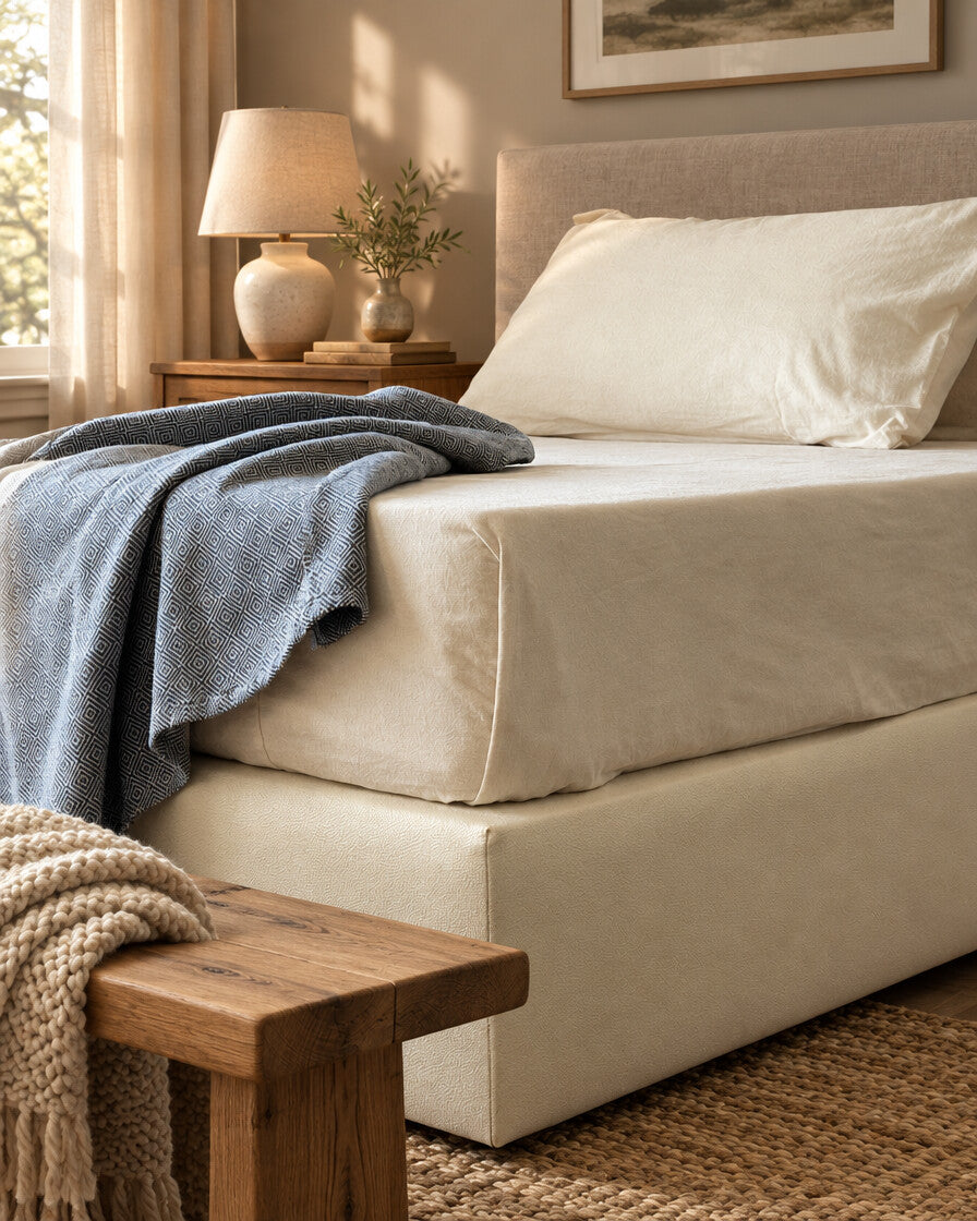 Cream plain cotton flat sheet, styled in a cosy contemporary bedroom