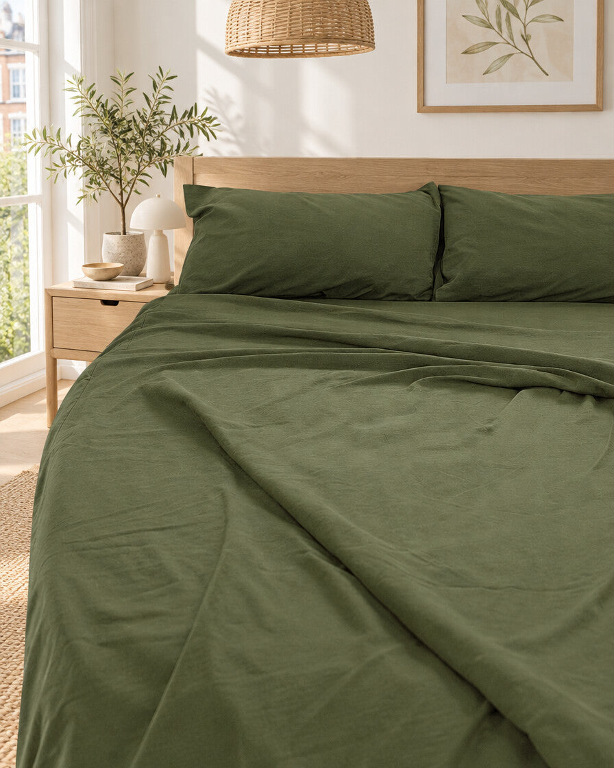 Olive green plain cotton flat sheet and pillows, styled in a bright modern townhouse bedroom