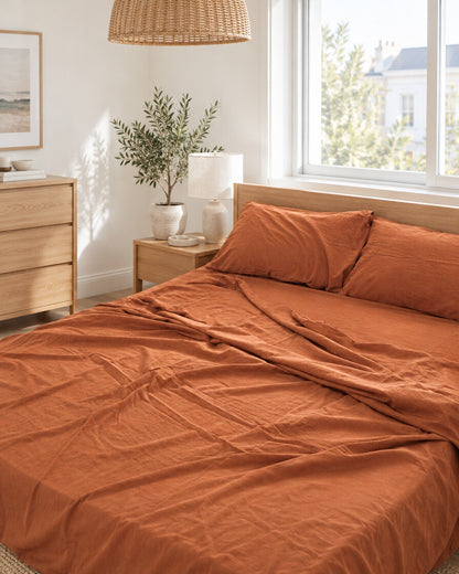 Terracotta plain cotton flat sheet, styled in a bright modern townhouse bedroom