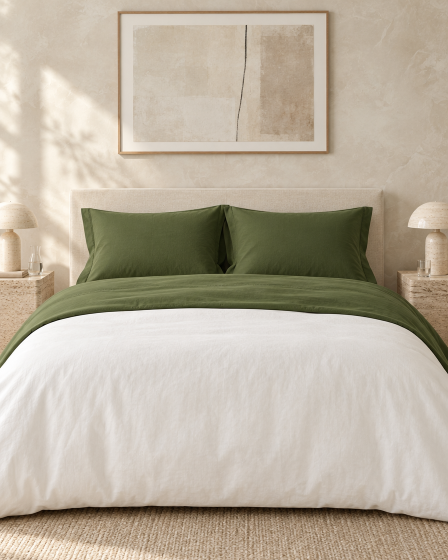 Olive Plain Cotton flat sheet turned down over a white duvet on a bed against a limewashed plaster wall