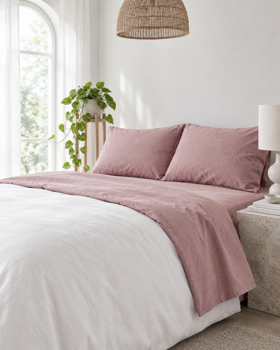 Dusty rose plain cotton flat sheet beneath an arched window with a trailing pothos and rattan pendant