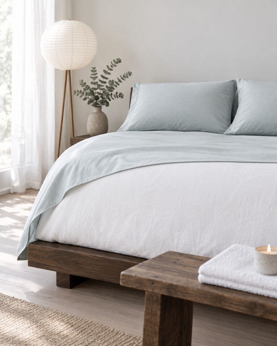 Pale blue plain cotton flat sheet in a calm Japandi bedroom on a low dark-oak bed
