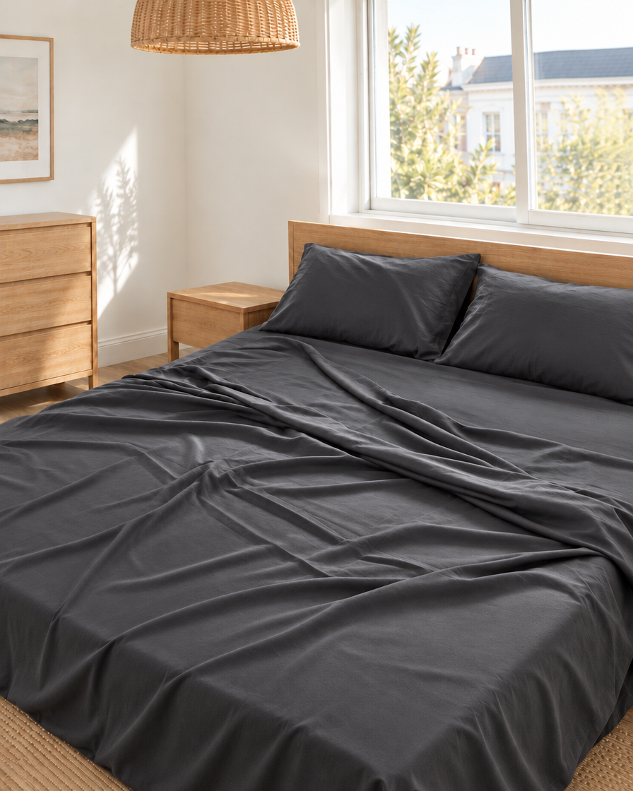 Charcoal Grey silky cotton flat sheet in grey 300 TC sateen on an oak bed in a bright bedroom.