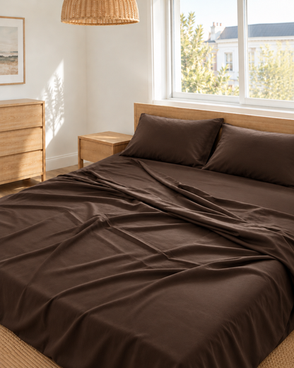 Chocolate silky cotton flat sheet in chocolate brown 300 TC sateen on an oak bed in a bright bedroom.