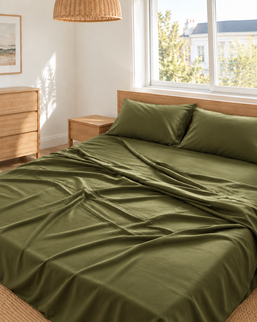 Juniper Green silky cotton flat sheet in olive green 300 TC sateen on an oak bed in a bright bedroom.