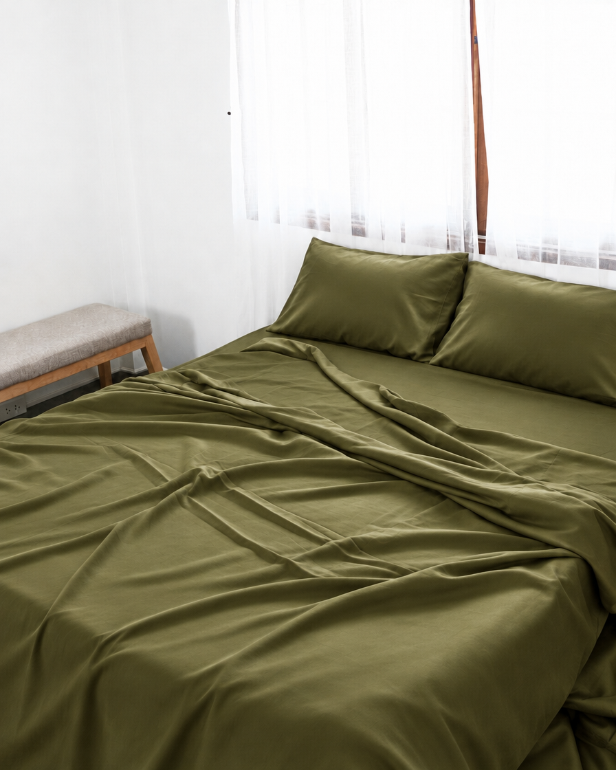 Juniper Green silky cotton flat sheet, an olive green cotton sateen flat sheet, with matching pillowcases on a bed beside a bright window.