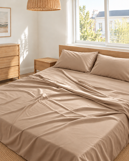 Light Beige silky cotton flat sheet in beige 300 TC sateen on an oak bed in a bright bedroom.