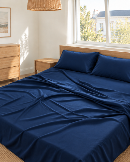 Marine Blue silky cotton flat sheet in navy blue 300 TC sateen on an oak bed in a bright bedroom.