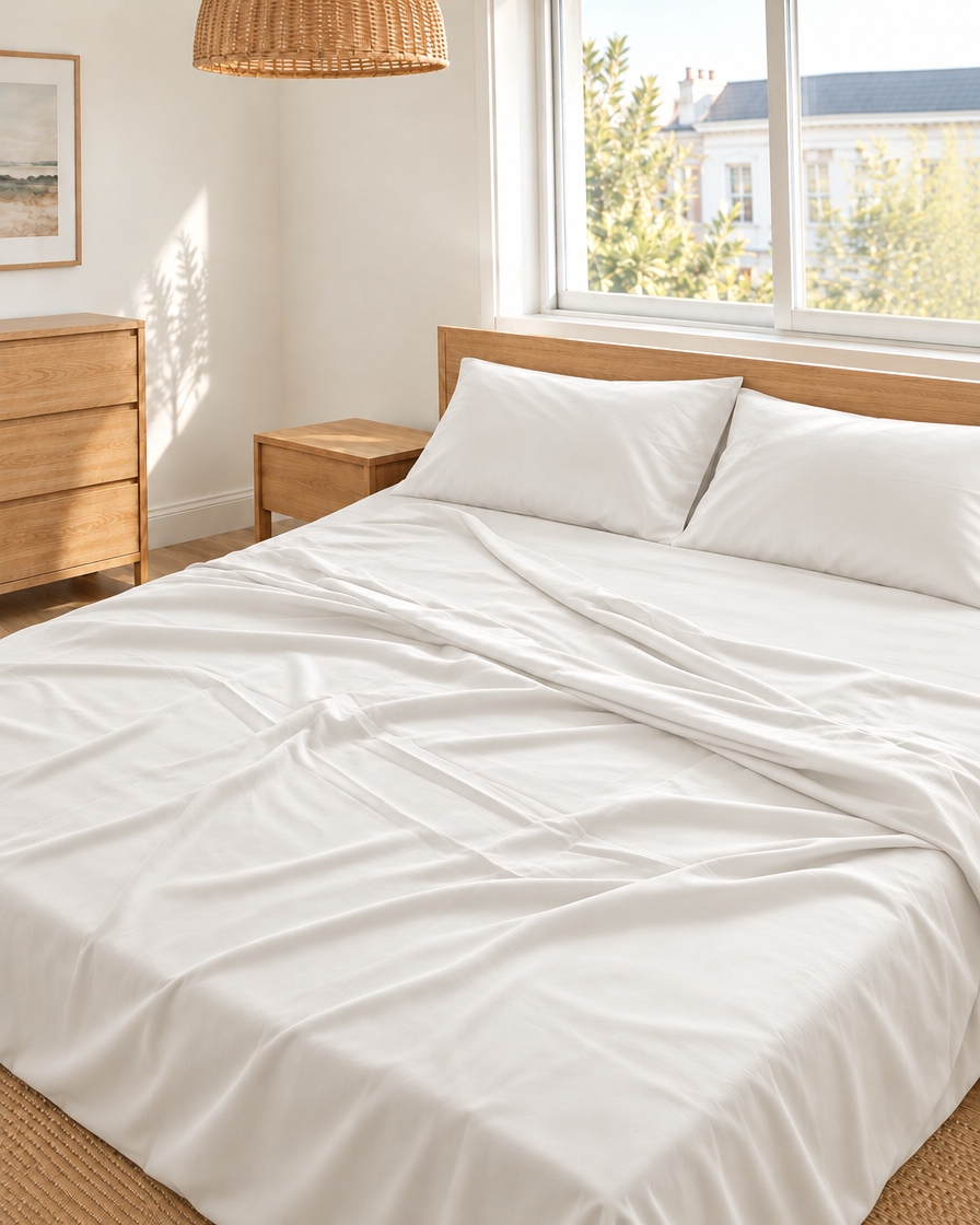 Milky White silky cotton flat sheet in white 300 TC sateen on an oak bed in a bright bedroom.