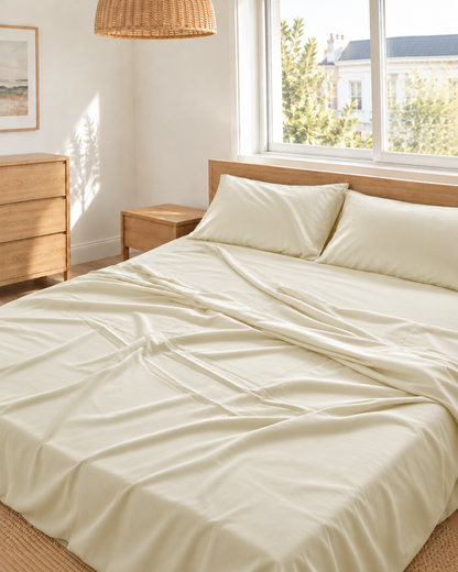 Vanilla silky cotton flat sheet in cream 300 TC sateen on an oak bed in a bright bedroom.
