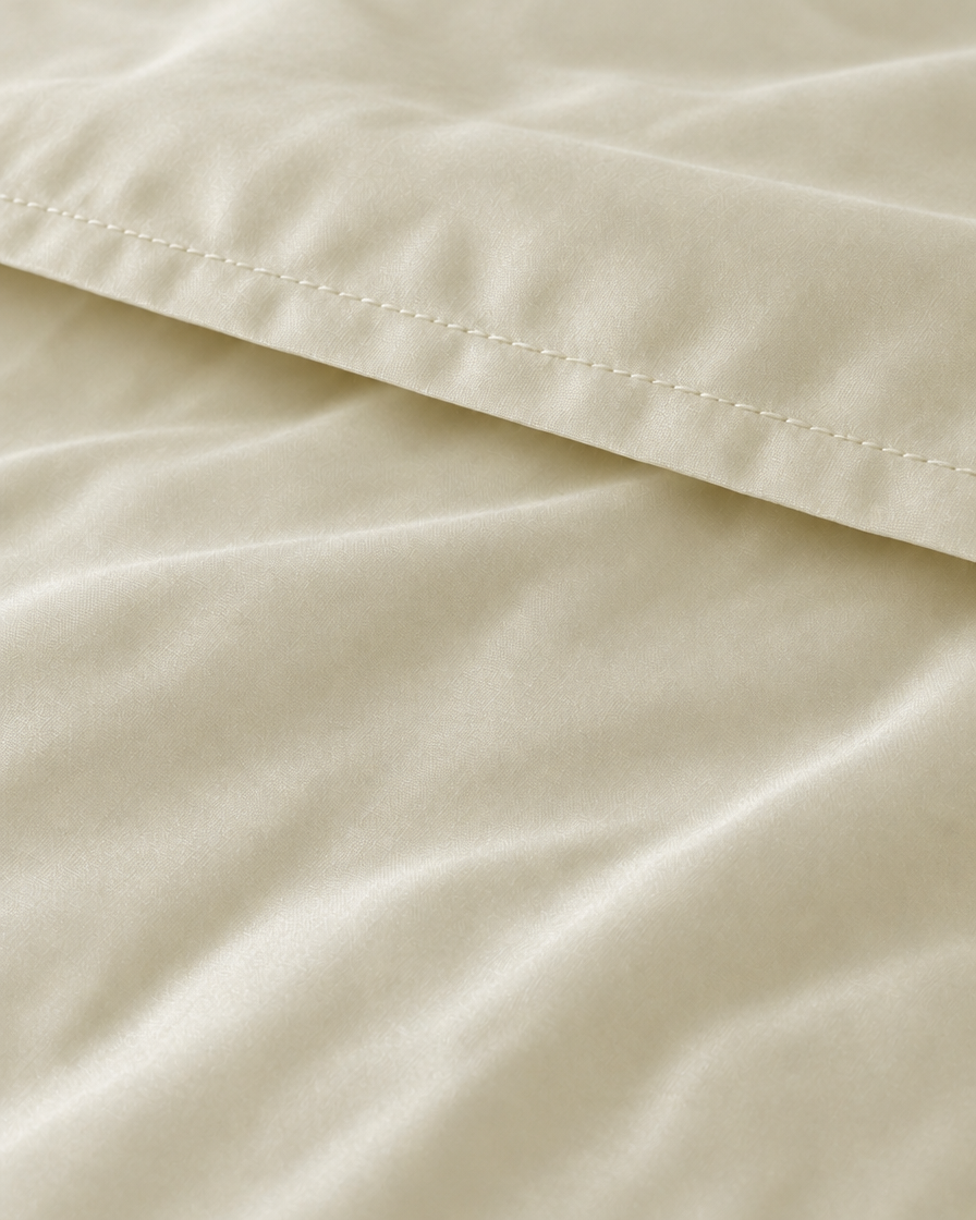 Macro of the stitched hem on a Vanilla silky cotton flat sheet, showing the cream sateen sheen.