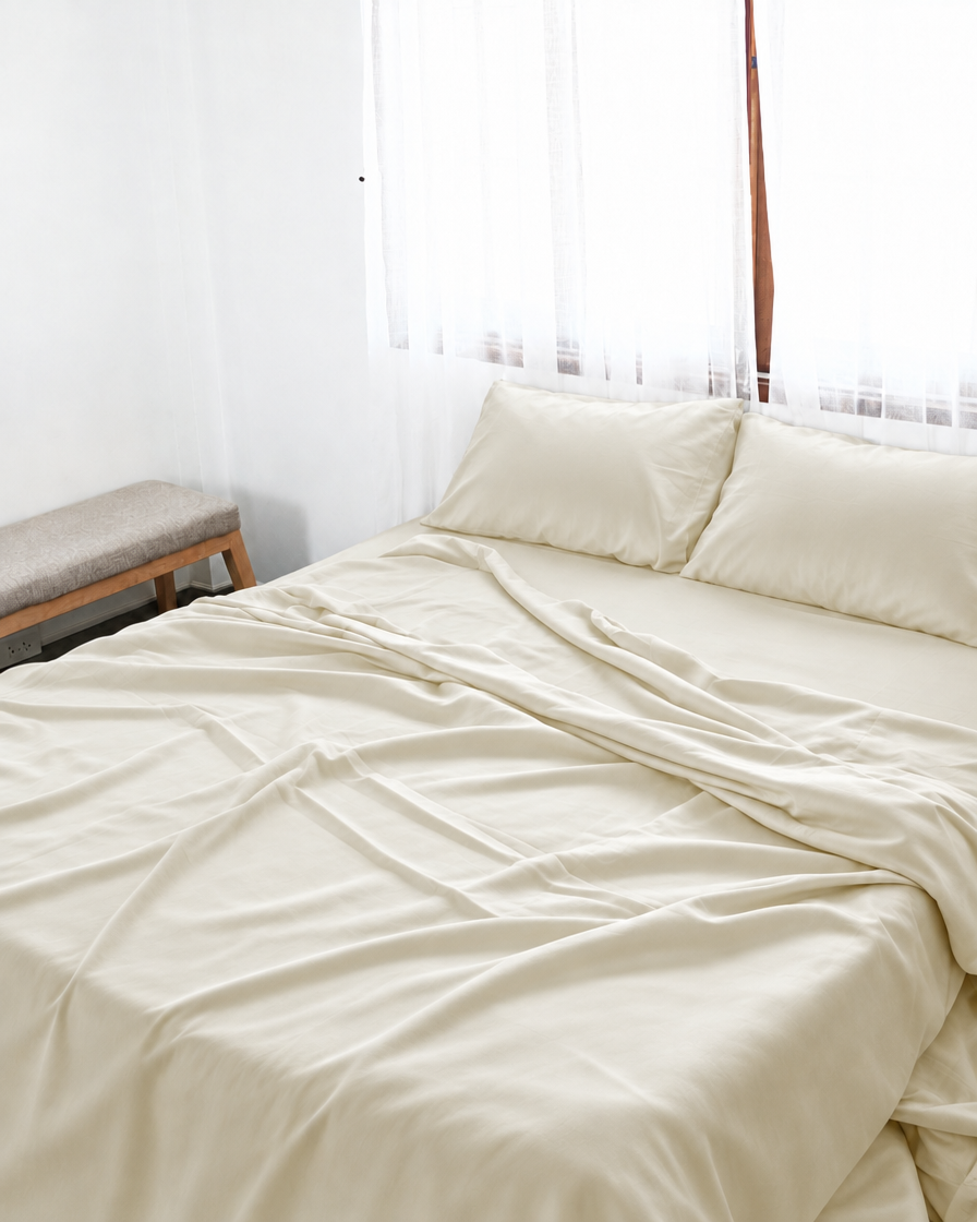 Vanilla silky cotton flat sheet, a cream cotton sateen flat sheet, with matching pillowcases on a bed beside a bright window.