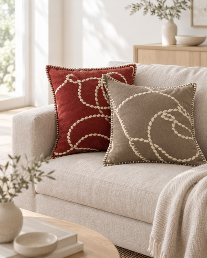 Red and taupe cord-embroidered cushions on a linen sofa in a sunlit Scandi living room