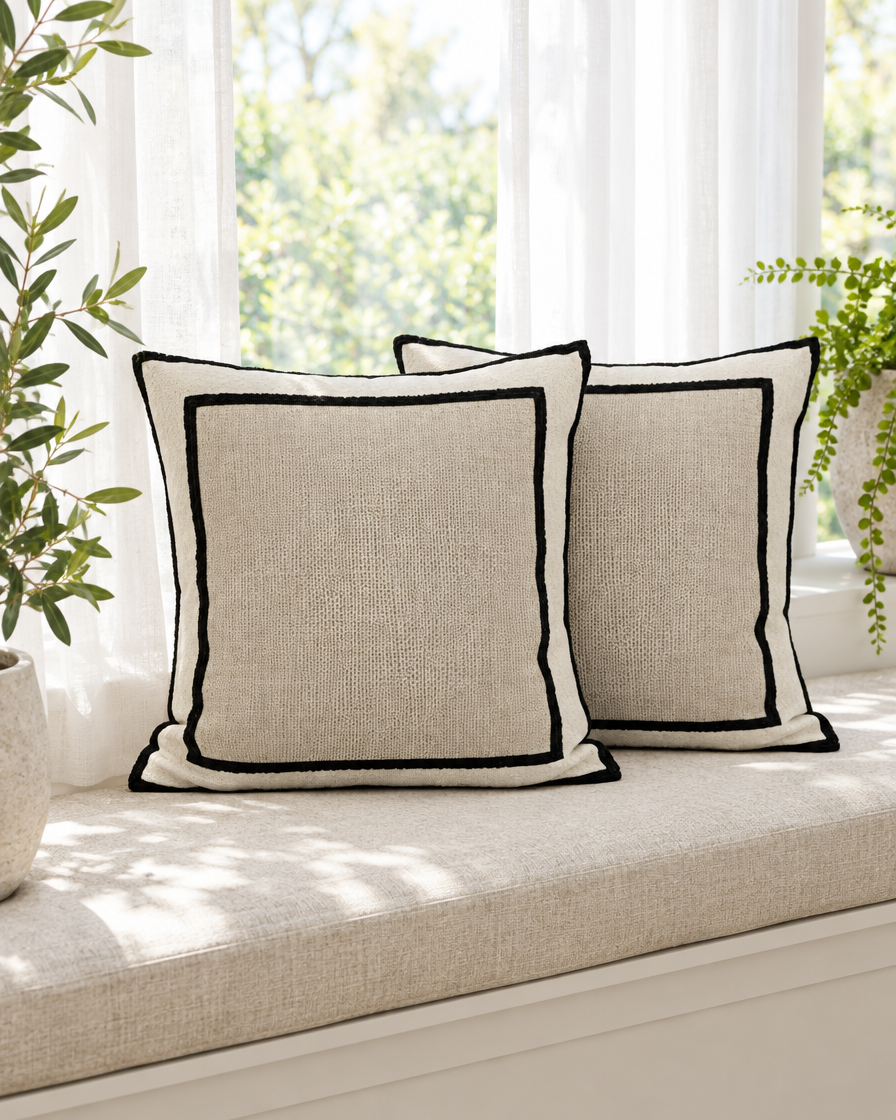 Linen and black framed border jacquard cushion covers on a window seat with sheer curtains and plants