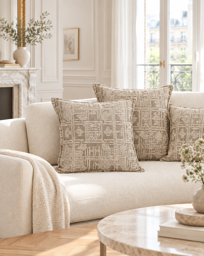 Sand geometric jacquard cushions on a cream sofa in a panelled Parisian salon
