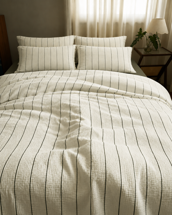 Green Pinstripe duvet cover, juniper green fitted sheet and green pinstripe pillowcases in Cloud Cotton